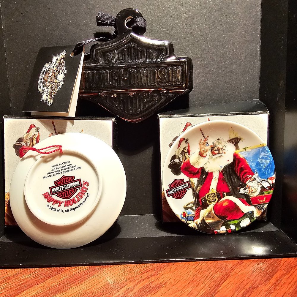 TWO Harley Davidson Christmas Plate Ornaments PLUS HD Black & Silver Ornament